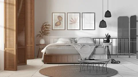 Architect interior designer concept: hand-drawn draft unfinished project that Stock Illustration