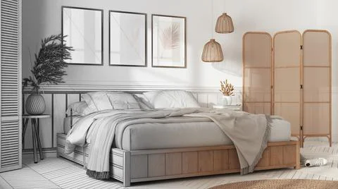 Architect interior designer concept: hand-drawn draft unfinished project that Stock Illustration