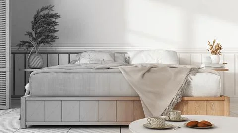 Architect interior designer concept: hand-drawn draft unfinished project that Stock Illustration