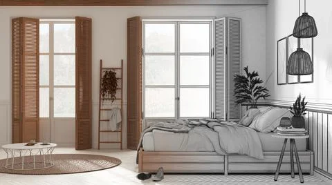 Architect interior designer concept: hand-drawn draft unfinished project that Stock Illustration