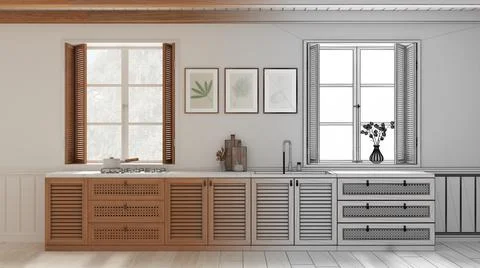 Architect interior designer concept: hand-drawn draft unfinished project that Stock Illustration