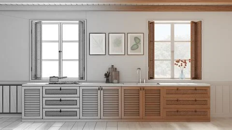 Architect interior designer concept: hand-drawn draft unfinished project that Illustrazione stock