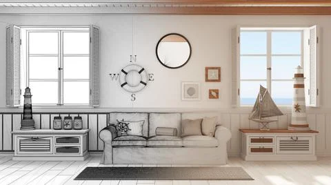 Architect interior designer concept: hand-drawn draft unfinished project that Stock Illustration