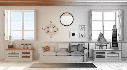 Architect interior designer concept: hand-drawn draft unfinished project that Stockillustratie