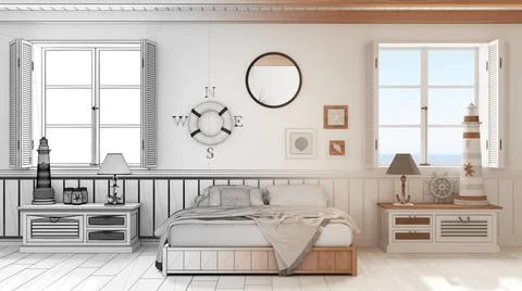 Architect interior designer concept: hand-drawn draft unfinished project that Stock Illustration