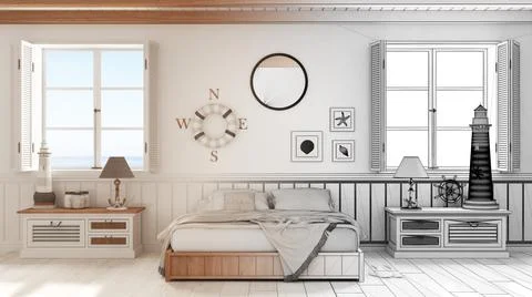 Architect interior designer concept: hand-drawn draft unfinished project that Stock Illustration