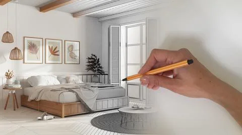 Architect interior designer concept: hand drawing a design interior project w Illustrazione stock