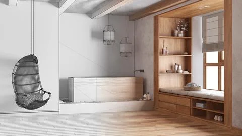 Architect interior designer concept: hand-drawn draft unfinished project that Stock Illustration