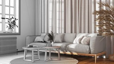 Architect interior designer concept: hand-drawn draft unfinished project th.. Stock Illustration