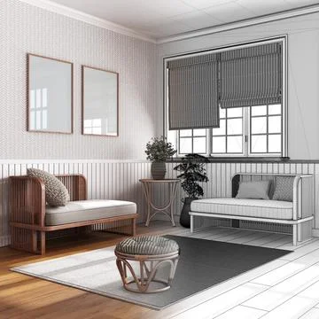 Architect interior designer concept: hand-drawn draft unfinished project th.. Stock Illustration