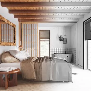 Architect interior designer concept: hand-drawn draft unfinished project th.. Stock Illustration