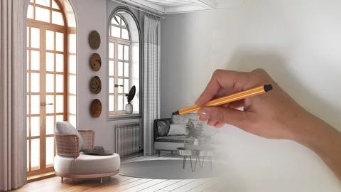 Architect interior designer concept: hand drawing a design interior project.. Stock Illustration