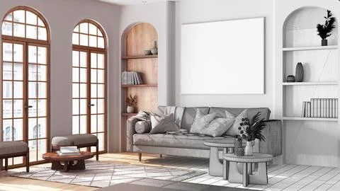 Architect interior designer concept: hand-drawn draft unfinished project th.. Stock Illustration