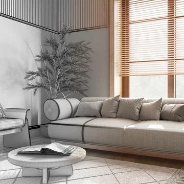 Architect interior designer concept: hand-drawn draft unfinished project th.. Stock Illustration