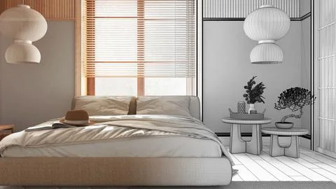 Architect interior designer concept: hand-drawn draft unfinished project th.. Stock Illustration