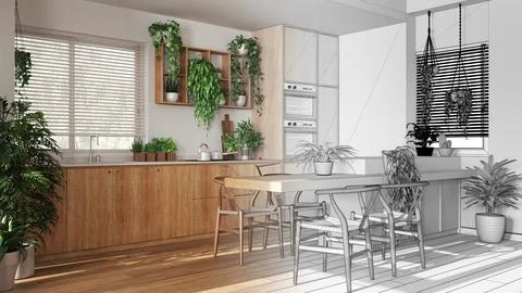 Architect interior designer concept: hand-drawn draft unfinished project th.. Stock Illustration