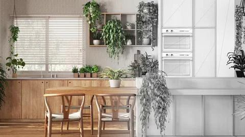Architect interior designer concept: hand-drawn draft unfinished project th.. Stock Illustration