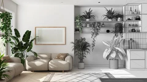 Architect interior designer concept: hand-drawn draft unfinished project th.. Stock Illustration