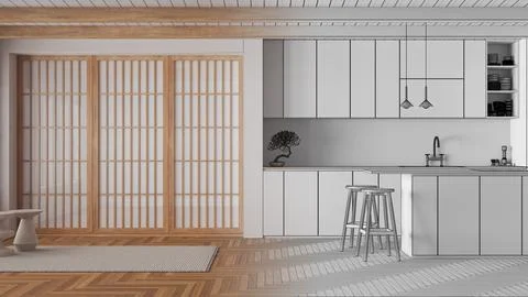 Architect interior designer concept: hand-drawn draft unfinished project th.. Stock Illustration