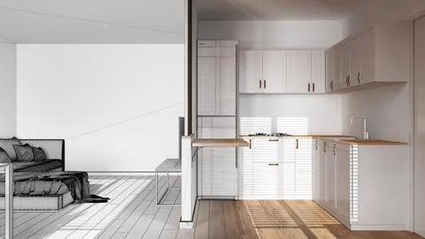 Architect interior designer concept: hand-drawn draft unfinished project th.. Stock Illustration