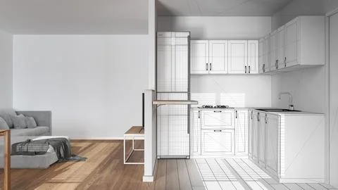 Architect interior designer concept: hand-drawn draft unfinished project th.. Stock Illustration