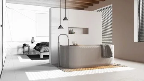 Architect interior designer concept: hand-drawn draft unfinished project th.. Stock Illustration