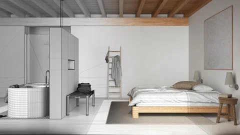 Architect interior designer concept: hand-drawn draft unfinished project th.. Stock Illustration