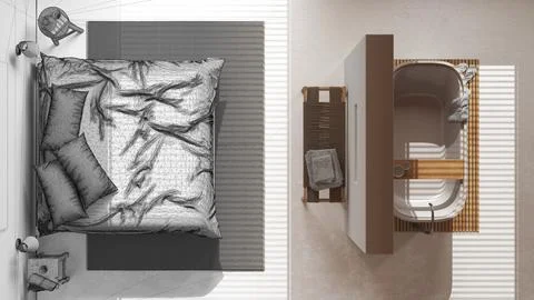 Architect interior designer concept: hand-drawn draft unfinished project th.. Stock Illustration