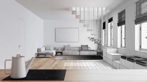 Architect interior designer concept: hand-drawn draft unfinished project th.. Stock Illustration