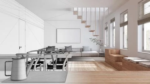 Architect interior designer concept: hand-drawn draft unfinished project th.. Stock Illustration