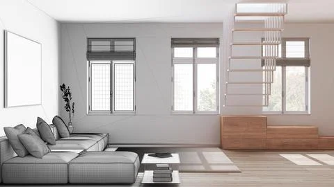 Architect interior designer concept: hand-drawn draft unfinished project th.. Stock Illustration