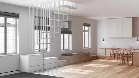 Architect interior designer concept: hand-drawn draft unfinished project th.. Stock Illustration