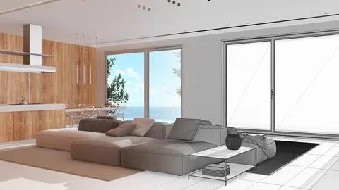 Architect interior designer concept: hand-drawn draft unfinished project th.. 스톡 일러스트