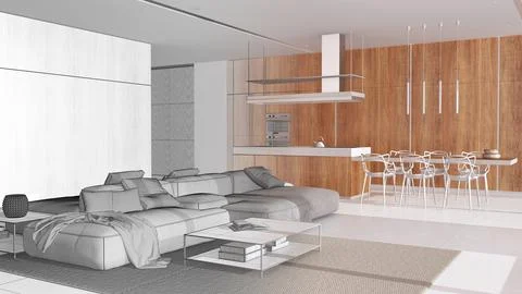 Architect interior designer concept: hand-drawn draft unfinished project th.. Stock Illustration