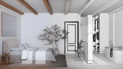 Architect interior designer concept: hand-drawn draft unfinished project th.. Stock Illustration