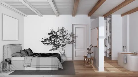 Architect interior designer concept: hand-drawn draft unfinished project th.. Stock Illustration