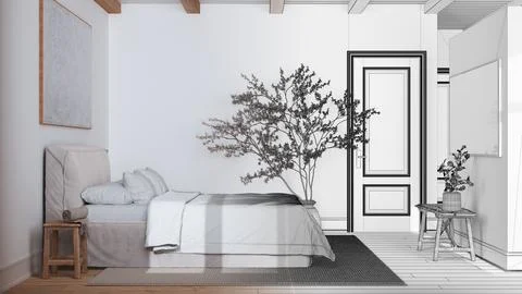 Architect interior designer concept: hand-drawn draft unfinished project th.. Stock Illustration