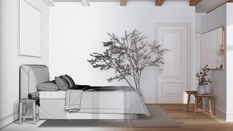 Architect interior designer concept: hand-drawn draft unfinished project th.. Stock Illustration