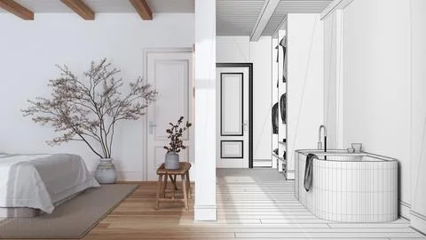 Architect interior designer concept: hand-drawn draft unfinished project th.. Stock Illustration