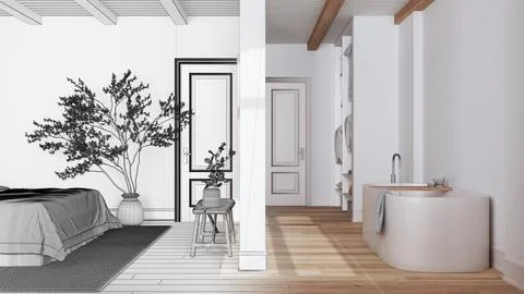 Architect interior designer concept: hand-drawn draft unfinished project th.. Stock Illustration