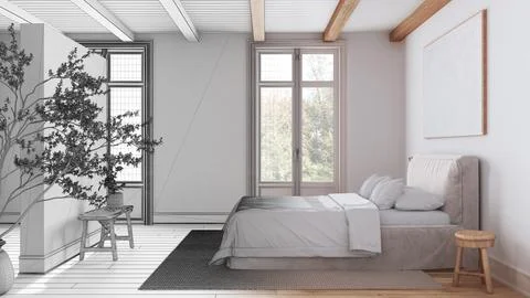 Architect interior designer concept: hand-drawn draft unfinished project th.. Stock Illustration
