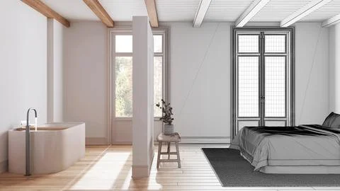 Architect interior designer concept: hand-drawn draft unfinished project th.. Stock Illustration
