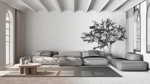 Architect interior designer concept: hand-drawn draft unfinished project th.. Ilustración de archivo