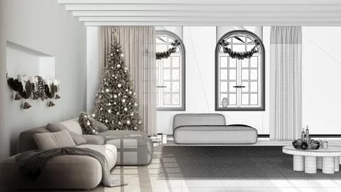 Architect interior designer concept: hand-drawn draft unfinished project th.. Stock Illustration
