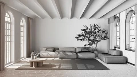 Architect interior designer concept: hand-drawn draft unfinished project th.. Stock Illustration