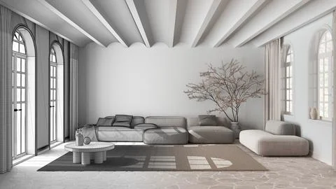 Architect interior designer concept: hand-drawn draft unfinished project th.. Stock Illustration