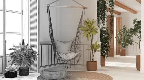 Architect interior designer concept: hand-drawn draft unfinished project that Stock Photos