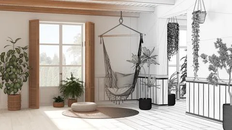 Architect interior designer concept: hand-drawn draft unfinished project that Stock Photos
