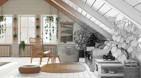 Architect interior designer concept: hand-drawn draft unfinished project that Stock Photos
