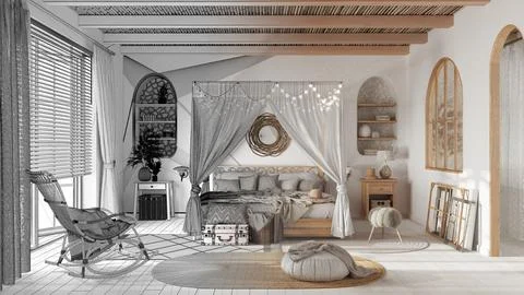 Architect interior designer concept: hand-drawn draft unfinished project that Stock Photos